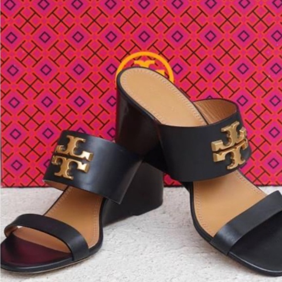 Tory Burch Black and Gold Wedge Shoes - Picture 2 of 7